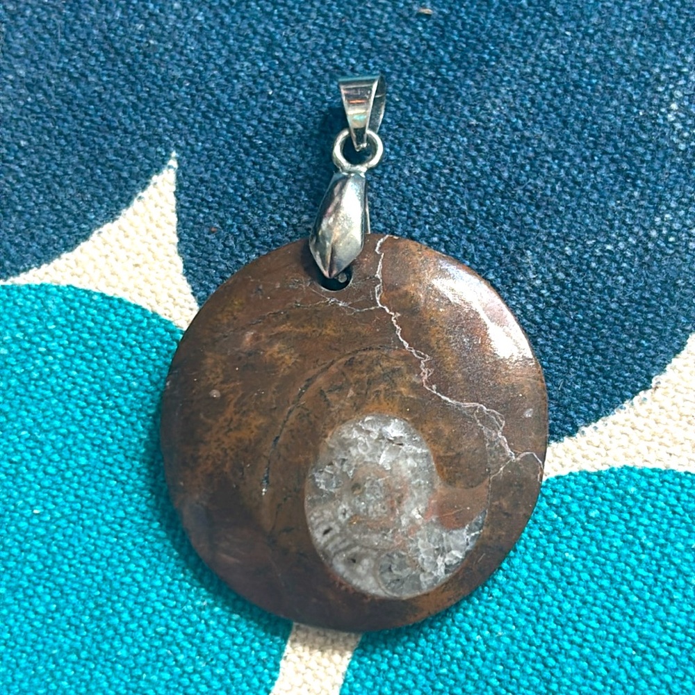 Elegant Brown Ammonite Goniatite Pendant Necklace Silver